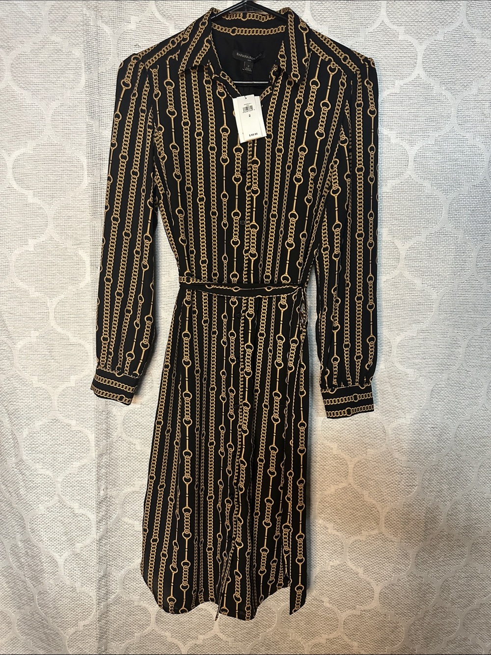 Banana Republic Chain Link Shirt Dress Black Gold Button Front Midi Belted NWT 2